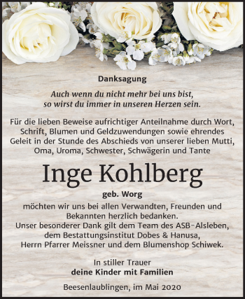 Traueranzeige von Inge Kohlberg von Mitteldeutsche Zeitung Bernburg