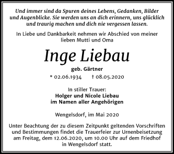 Traueranzeige von Inge Liebau von Mitteldeutsche Zeitung Weißenfels