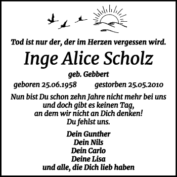 Traueranzeige von Inge Alice Scholz von Super Sonntag Aschersleben