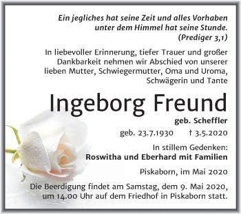 Traueranzeige von Ingeborg Freund von Mitteldeutsche Zeitung Mansfelder Land