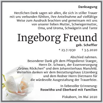 Traueranzeige von Ingeborg Freund von Mitteldeutsche Zeitung Mansfelder Land