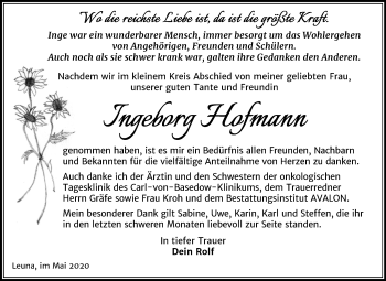 Traueranzeige von Ingeborg Hofmann von Mitteldeutsche Zeitung Merseburg/Querfurt