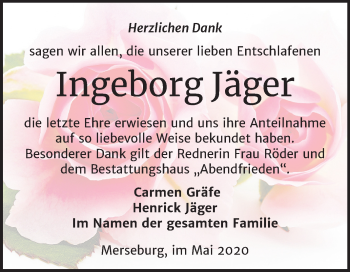 Traueranzeige von Ingeborg Jäger von Mitteldeutsche Zeitung Merseburg/Querfurt