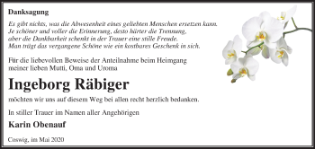 Traueranzeige von Ingeborg Räbiger von Mitteldeutsche Zeitung Wittenberg