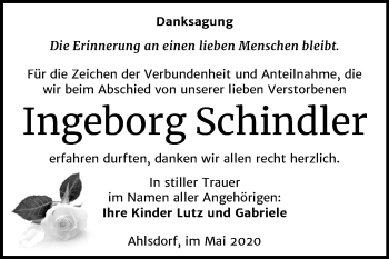 Traueranzeige von Ingeborg Schindler von Super Sonntag Mansfelder Land