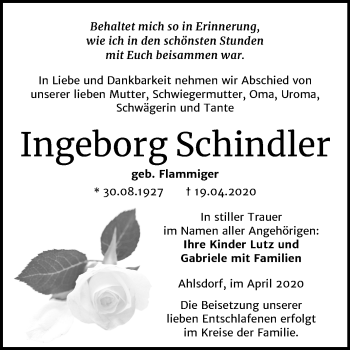 Traueranzeige von Ingeborg Schindler von Super Sonntag Mansfelder Land