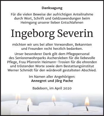 Traueranzeige von Ingeborg Severin von Super Sonntag Quedlinburg