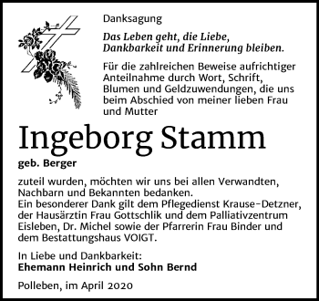 Traueranzeige von Ingeborg Stamm von Super Sonntag Mansfelder Land