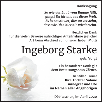 Traueranzeige von Ingeborg Starke von Super Sonntag Zeitz