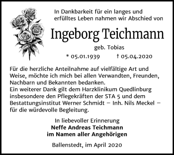 Traueranzeige von Ingeborg Teichmann von Super Sonntag Quedlinburg