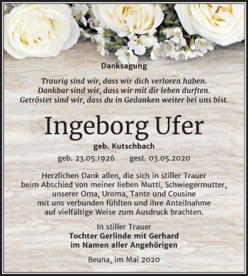 Traueranzeige von Ingeborg Ufer von Mitteldeutsche Zeitung Merseburg/Querfurt