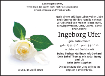 Traueranzeige von Ingeborg Ufer von Mitteldeutsche Zeitung Merseburg/Querfurt