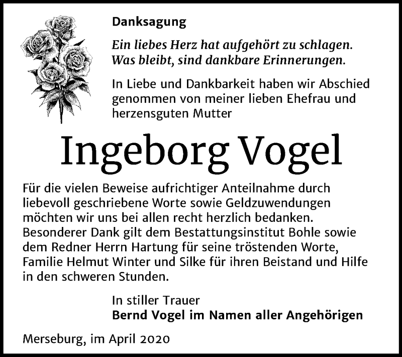  Traueranzeige für Ingeborg Vogel vom 09.05.2020 aus Super Sonntag Merseburg/Querfurt