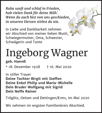 Traueranzeige von Ingeborg Wagner von Mitteldeutsche Zeitung Zeitz