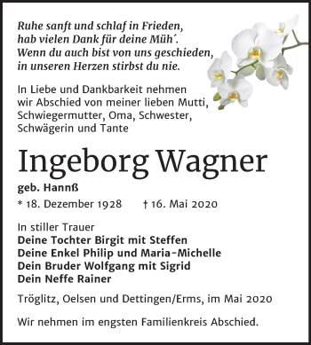 Traueranzeige von Ingeborg Wagner von Super Sonntag Zeitz