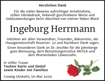 Traueranzeige von Ingeburg Herrmann von Super Sonntag Wittenberg