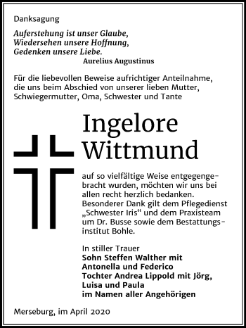 Traueranzeige von Ingelore Wittmund von Super Sonntag Merseburg/Querfurt