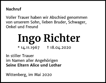 Traueranzeige von Ingo Richter von Super Sonntag Wittenberg
