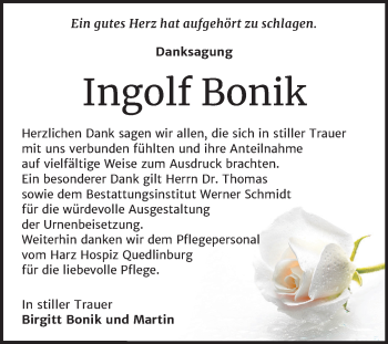 Traueranzeige von Ingolf Bonik von Mitteldeutsche Zeitung Quedlinburg