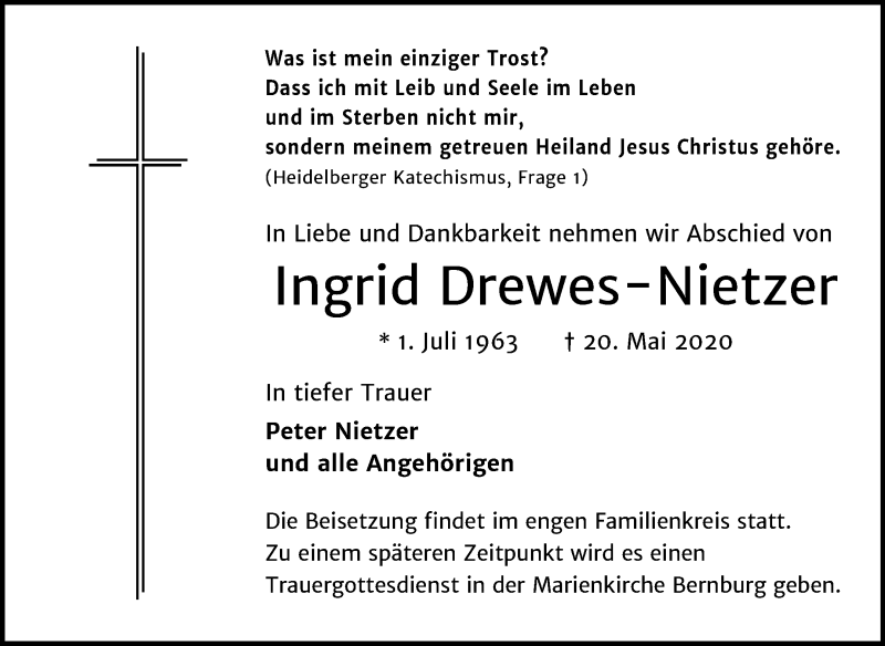  Traueranzeige für Ingrid Drewes-Nietzer vom 30.05.2020 aus Super Sonntag Bernburg