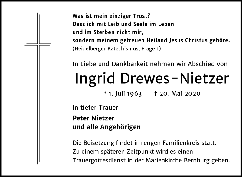  Traueranzeige für Ingrid Drewes-Nietzer vom 26.05.2020 aus Mitteldeutsche Zeitung Bernburg