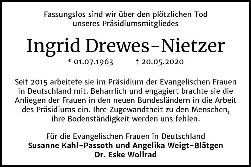  Traueranzeige für Ingrid Drewes-Nietzer vom 23.05.2020 aus Mitteldeutsche Zeitung 