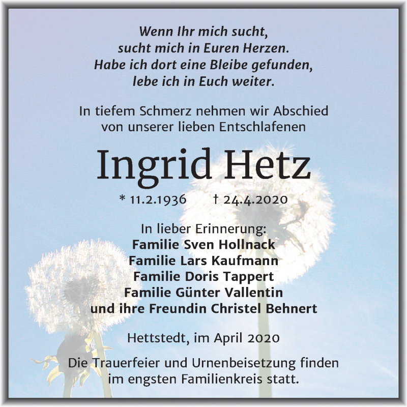  Traueranzeige für Ingrid Hetz vom 02.05.2020 aus Super Sonntag Mansfelder Land