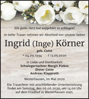 Traueranzeige von Ingrid Körner von Mitteldeutsche Zeitung Quedlinburg