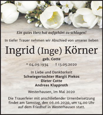 Traueranzeige von Ingrid Körner von Super Sonntag Quedlinburg