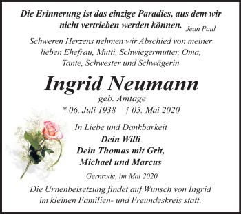 Traueranzeige von Ingrid Neumann von Super Sonntag Quedlinburg