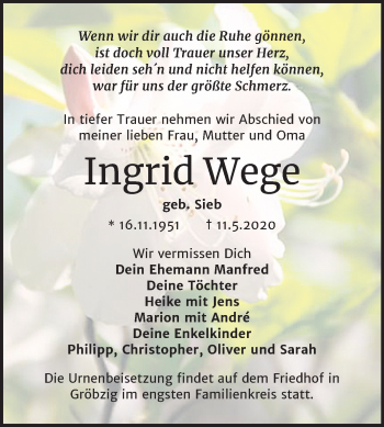 Traueranzeige von Ingrid Wege von Super Sonntag Köthen