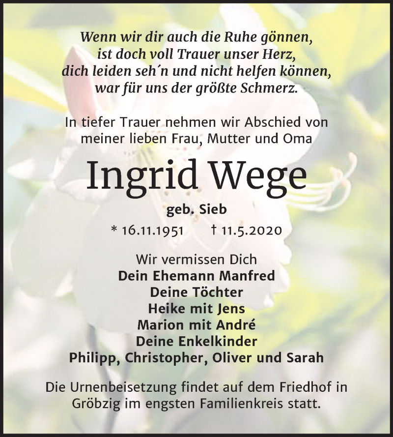  Traueranzeige für Ingrid Wege vom 16.05.2020 aus Mitteldeutsche Zeitung Köthen