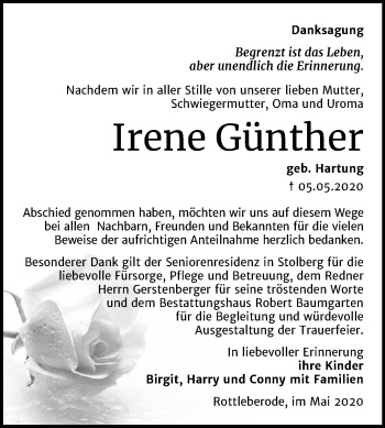 Traueranzeige von Irene Günther von Super Sonntag Sangerhausen