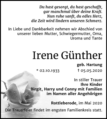 Traueranzeige von Irene Günther von Mitteldeutsche Zeitung Sangerhausen