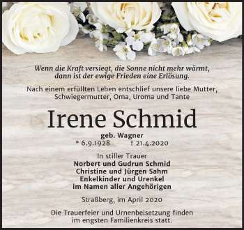 Traueranzeige von Irene Schmid von Mitteldeutsche Zeitung Quedlinburg