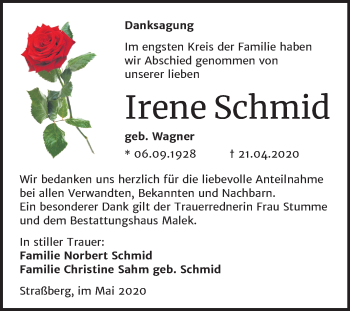 Traueranzeige von Irene Schmid von Mitteldeutsche Zeitung Quedlinburg