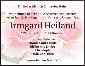 Traueranzeige von Irmgard Heiland von Super Sonntag Weißenfels