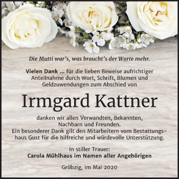 Traueranzeige von Irmgard Kattner von Mitteldeutsche Zeitung Köthen