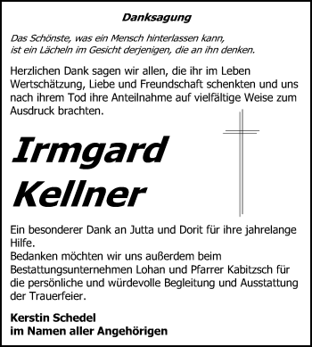 Traueranzeige von Irmgard Kellner von Mitteldeutsche Zeitung Bitterfeld