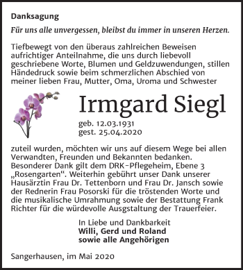 Traueranzeige von Irmgard Siegl von Mitteldeutsche Zeitung Sangerhausen