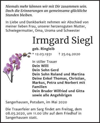 Traueranzeige von Irmgard Siegl von Super Sonntag Sangerhausen