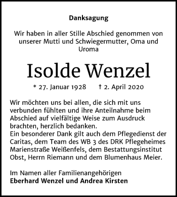 Traueranzeige von Isolde Wenzel von Super Sonntag Weißenfels