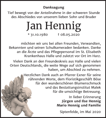 Traueranzeige von Jan Hennig von Mitteldeutsche Zeitung Quedlinburg