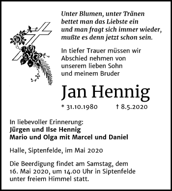 Traueranzeige von Jan Hennig von Mitteldeutsche Zeitung Quedlinburg