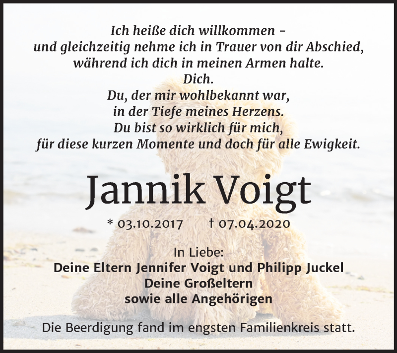  Traueranzeige für Jannik Voigt vom 02.05.2020 aus Super Sonntag Mansfelder Land