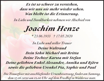 Traueranzeige von Joachim Henze von Super Sonntag Dessau-Roßlau