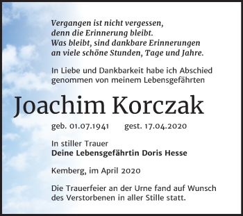 Traueranzeige von Joachim Korczak von Mitteldeutsche Zeitung Wittenberg