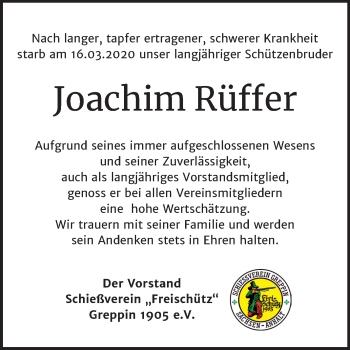 Traueranzeige von Joachim Rüffer von Wochenspiegel Bitterfeld