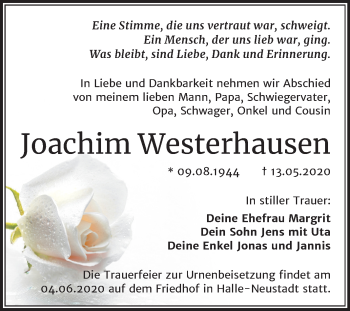 Traueranzeige von Joachim Westerhausen von Mitteldeutsche Zeitung Halle/Saalkreis