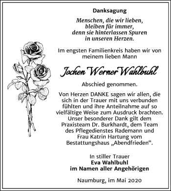 Traueranzeige von Jochen Werner Wahlbuhl von Wochenspiegel Naumburg/Nebra